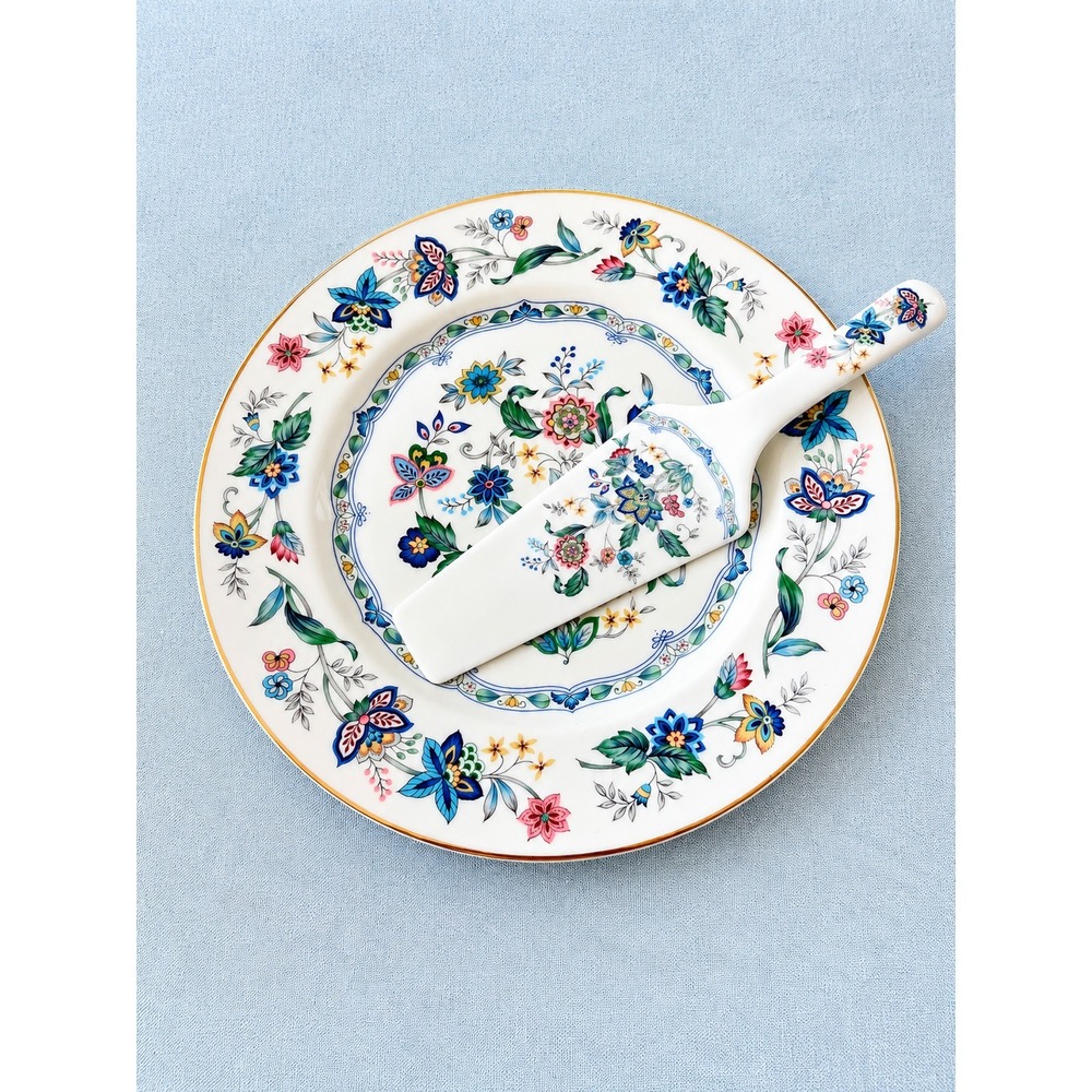 Andrea by Sadek INDIA GARDEN Porcelain Cake Plate & Server 2pc Floral Bright NEW